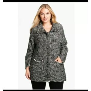 EILEEN FISHER 100% Organic Cotton Knit Jacket Pea Coat Black White Women Petite‎